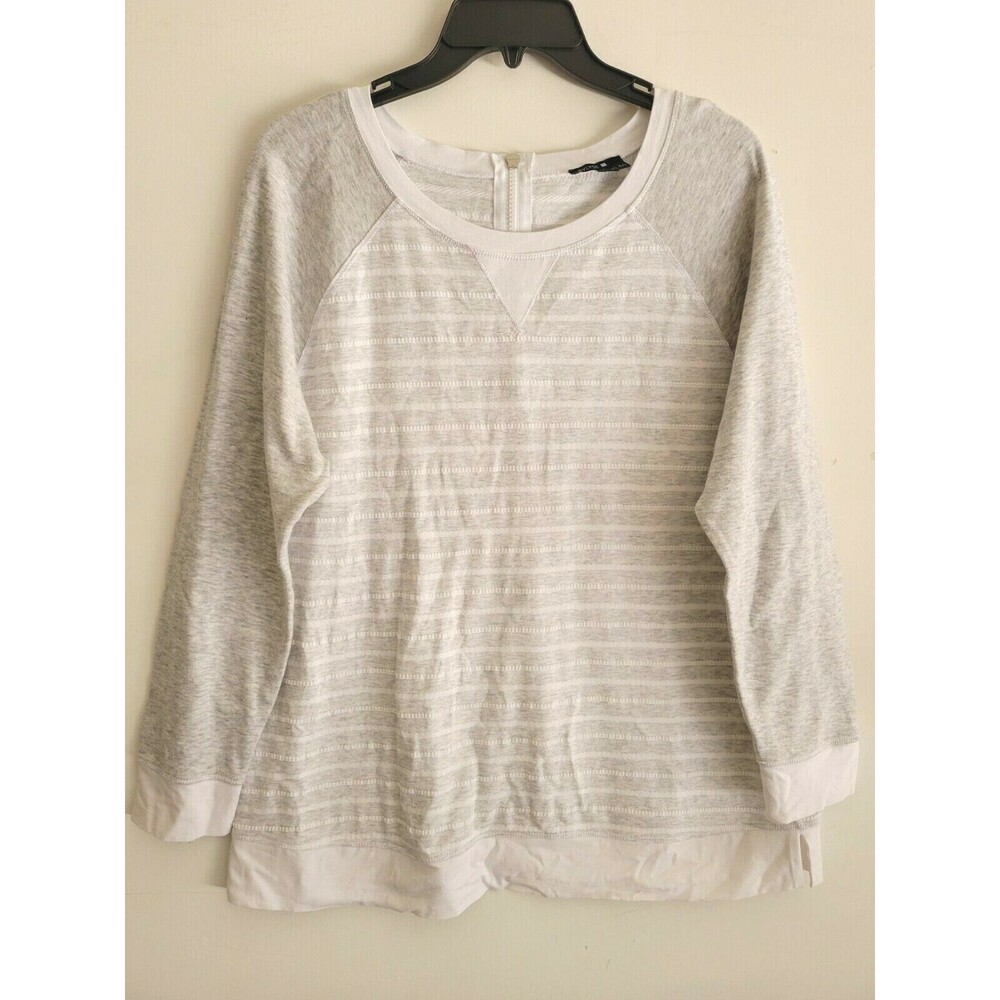 BYLYSE Women's Long Sleeve T-Shirt Gray Striped Back Zip Round Neck Size Large